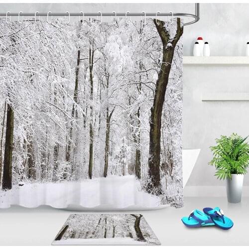 Winter Snow Forest Landscape Nature Shower Curtain Bathroom Home Decor Waterproof Fabric With 12 Hooks Bathtub Curtain and Mat