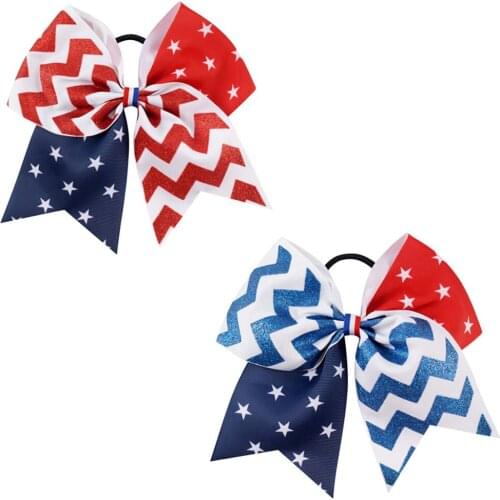7'' Kids' Headwear Independence Day Chevron and Stars Cheerbow with Elastic Ribbon Cheerleading Bows for Girls 2pcs/lot