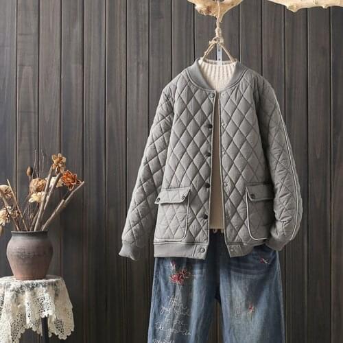 4XL Autumn Winter Short Cotton Coat Women Large Size Diamond Pattern Warm Baseball Collar Pocket Korean Female Slim Jackets B139