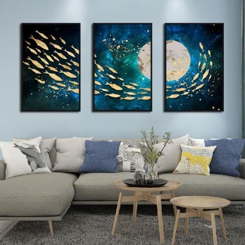 Abstract Golden Paintings Swimming Fish Blue Universe Nordic Canvas Prints and Posters Living Room Bedroom Corridor Decoration