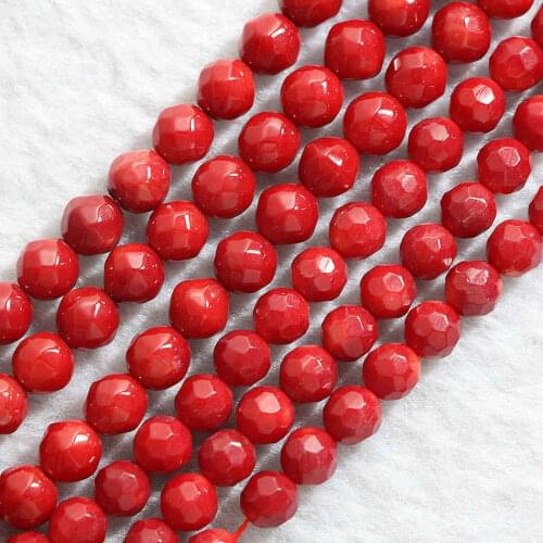 HOT natural red coral 7mm new round faceted round loose beads diy jewelry 15"B654