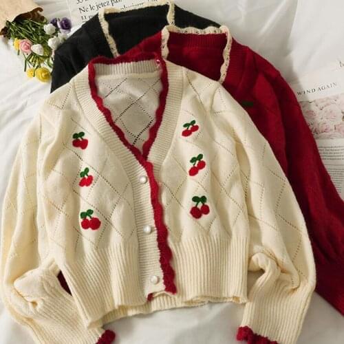 Embroidered Knitted Cardigans Sweet Kawaii Puff Sleeve Short Mujer Chaqueta Autumn Winter V Neck Cherry Women Sweater Coat