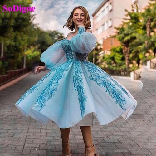 SoDigne Short Puffy Ball Gown Prom Dresses Lace Tea Length Evening Gowns Off Shoulder Sweetheart Carpet Party Dress