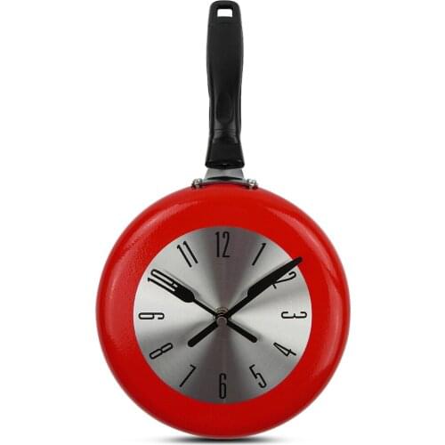 Creative Metal Frying Pan Wall Clock Quartz Silent Kitchen Clock Decoration Stainless Steel Hanging Wall Clocks Modern Design