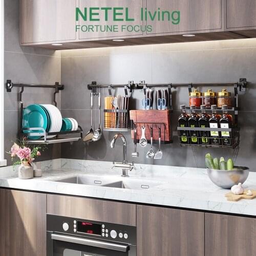 NETEL Kitchen Rack Organizer Wall-mounted Storage Shelf Hanging Tools Holder with Drain Tray Stainless Steel&Black Coating