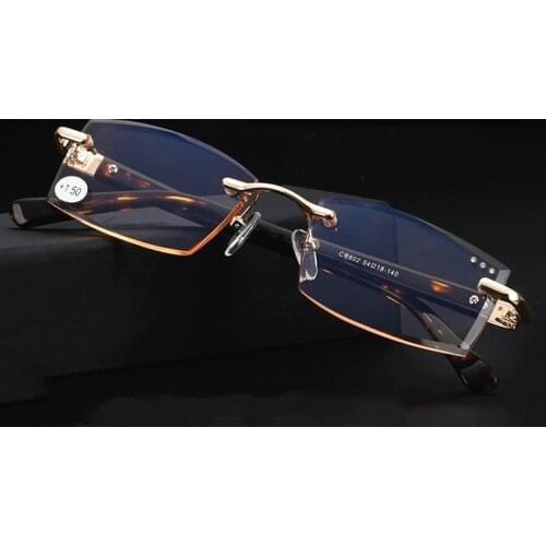 QWOOLEN High Quality Rimless Diamond Cutting Anti Blue Light Reading Glasses Rimless Metal Frame Square Presbyopic Glasses Tr90