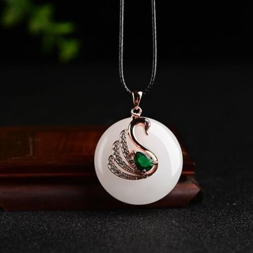 Natural White Jade Hand-carved Safe Buckle Pendant Fashion Boutique Jewelry for Men and Women 925 Silver Inlaid Swan Necklace