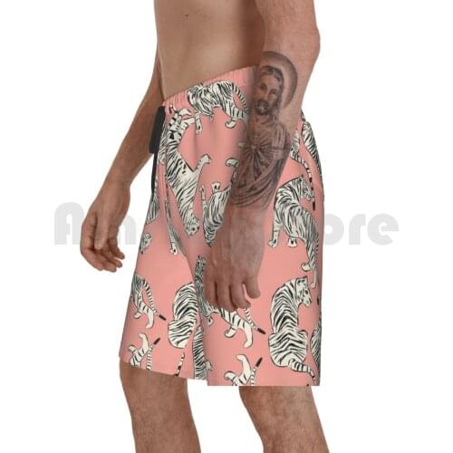 Pink Tiger Pattern 006 Beach Shorts Men Beach Pants Swim Trunks Tiger Seamless Pattern Big Cat Hand Drawn Vector