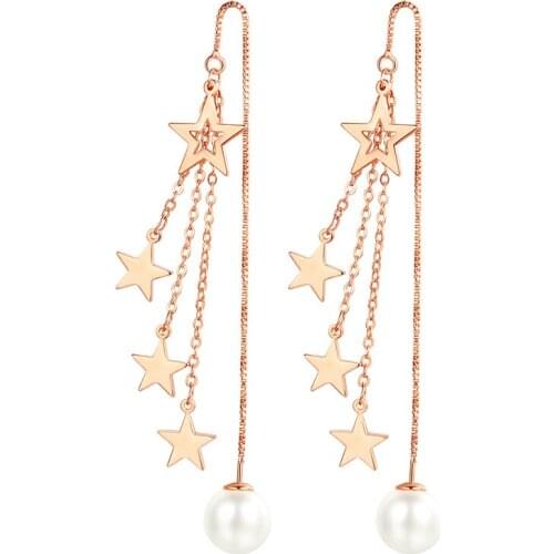 925 Sterling Silver Geometric Circle Star Long Tassel Drop Earrings Pearl Jewelry For Women Christmas Gifts S-E862