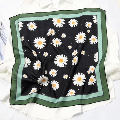 Yishine New 53*53cm Casual Floral Daisy Print Satin Silk Scarf Female Women Fashion Style Head-Neck Soft Scarf for Girls