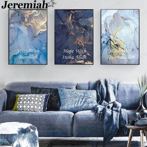 Modern Abstract Marble Canvas Painting Blue Gold Water Ripple Letter Poster Wall Art Nordic Home Room Decoration Accessories