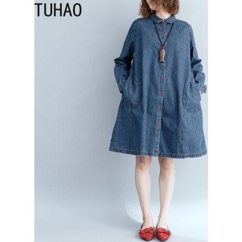 TUHAO Fall Large Size Woman Denim Dress Turn Down Collar Single Breasted Pockets Long Sleeve Midi Jeans Dresses TW3161