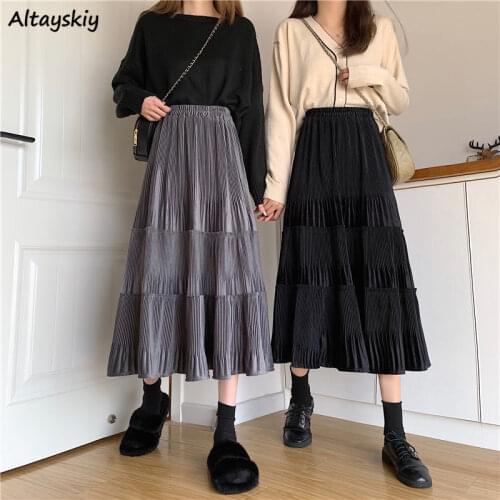 Skirts Women High Waist Golden Velvet Pleated Vintage Chic Stylish Loose Fashion Korean Style All-match Autumn Simple Ladies Ins
