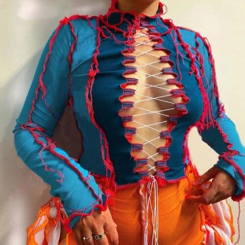2021 Patchwork Sexy Hollow Out Women Tie Front Top Long Sleeve Hot Bodycon Club Birthday Ribbed Cropped T-Shirts Autumn Clothing