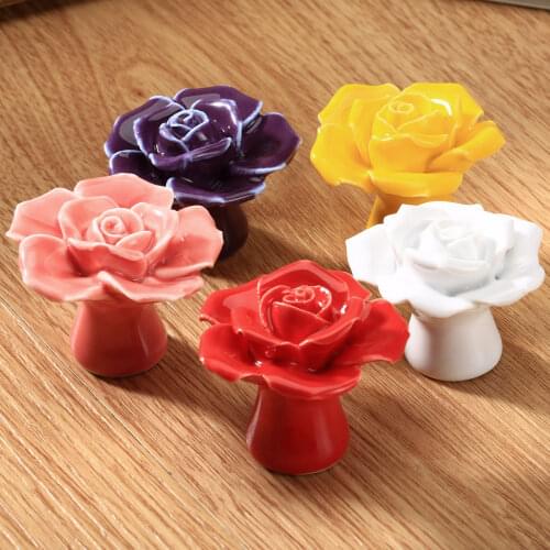 1Pc Rose Ceramic Handles 41mm Drawer Knobs Cupboard Door Pull Single Hole Cabinet Furniture Handles With Screws