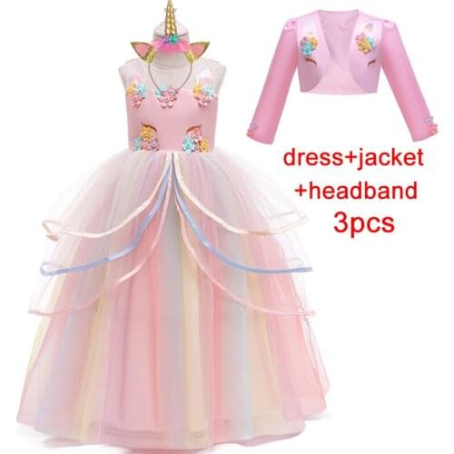 2021 Christmas Costume Unicorn Party Dress Kids Dresses For Girls Flower Princess Dress Girl Children Clothes Cosplay Dress 3PCS