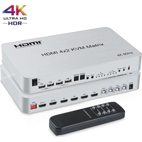 4x2 HDMI KVM Matrix Audio Video Switch Splitter 4 Input 2 Monitor Dual Display 4K 60Hz USB 2.0 Keyboard Mouse Control 4 Computer