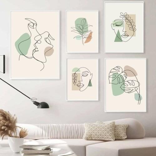 Abstract Man Girl Curve Geometric Shape Leaf Wall Art Painting Nordic Posters And Prints Wall Pictures For Living Room Decor