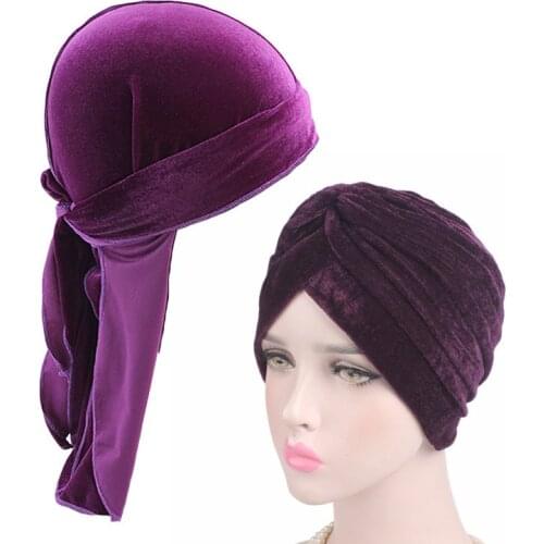 Velvet durag and turban 2pcs set Mens Velvet Durags Bandana Turban Hat Wigs Doo Durag Pirate Hat Hair Accessories