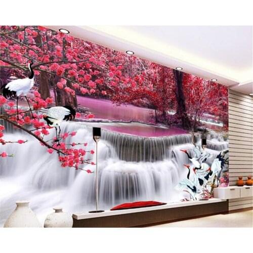 Beibehang Custom interior decoration painting personality wallpaper beautiful waterfall crane crane TV wall 3d wallpaper tapety