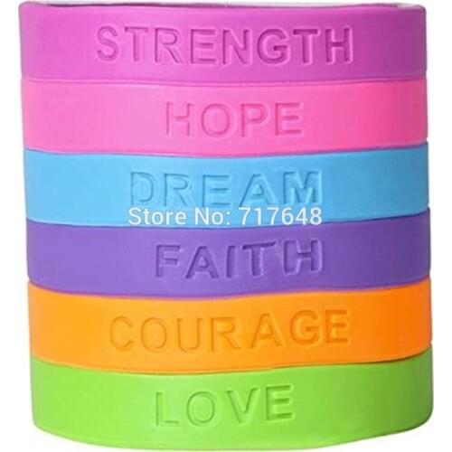 100pcs Inspirational love courage, strength, hope, faith and dream wristband silicone bracelets free shipping by ePacket A
