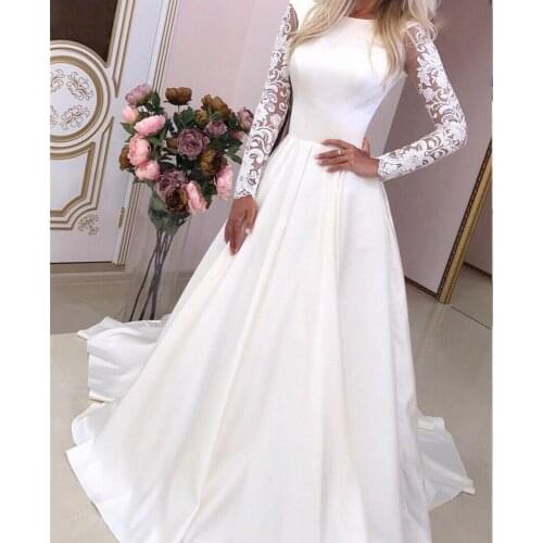 Elegant Wedding Dress 2021 A-Line O-Neck Long Sleeve Lace Appliques Backless Satin Sweep Train Bride Gown Vestidos De Noiva