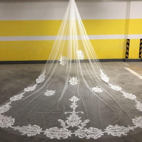 Real Image 3M Long Wedding Veils Lace Appliqued Edge One Layers Custom Made Cathedral Length Bridal Veil