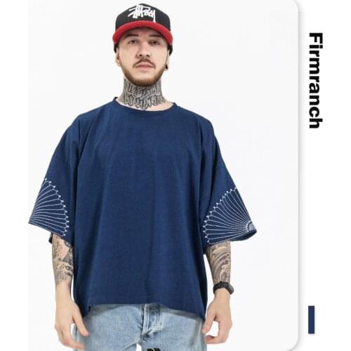 Firmranch 2021 Tee For Men/Women Blue Hirata Embroidered Pattern Short Sleeve Hip Hop Loose Vibe Style High Street T-shirt Large