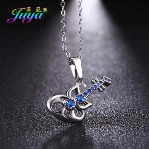 Juya Micro Pave Blue Zircon Gold /Rose Gold Punk Guitar Pendant Necklaces For Women Girls Gift Jewelry Supplies
