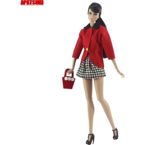 Red Fashion Doll Clothes Set for Barbie Doll Accessories Dolls Outfits Coat Bag Plaided Mini Skirt For 11.5" BJD Kid Toys 1/6