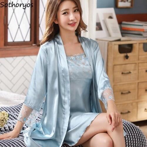 Robe Gown Sets Women Cozy Lace Patchwork Sexy Designer Female Lounge Thin Summer Sleepwear Bath Candy Color Three Quarter Sleeve