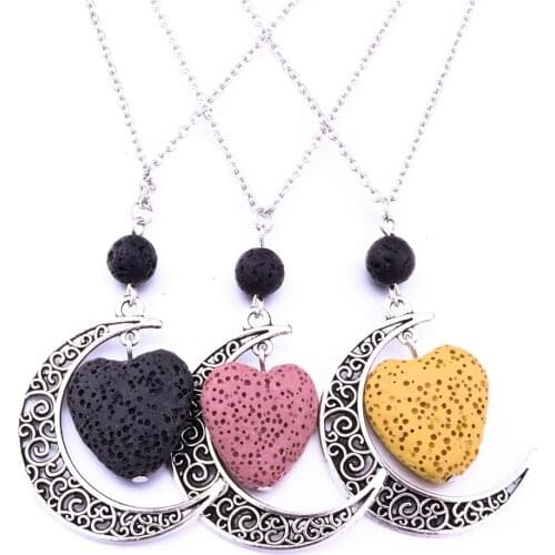 Colorful Heart Lava Stone Bead Moon Necklace diy Aromatherapy Essential Oil Diffuser Necklace For Women Jewelry