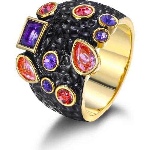 CIZEVA Exaggerated Jewelry Geometrical Shining Zircon Black Gold Filled Ring for Women Men Gothic Vintage Cocktail Party Rings