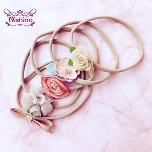 Nishine 5pcs/lot Fashion Handmade Flowers Headband Cute Bunny Ears Elastic Nylon Hairband Baby Girls Bowknot Headwear Kids Gifts