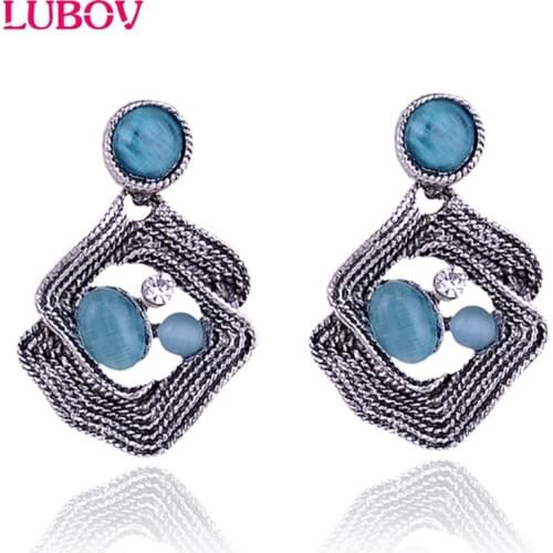 Fashion Cat Eye Stone Rhinestone Stud Earrings Metal Wire Tangled Piercing Earrings Women Fashion Jewelry Christmas Gift