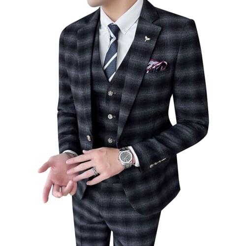 2021Jacket+vest+pants New autumn and winter mens three-piece suit Korean style slim plaid suit