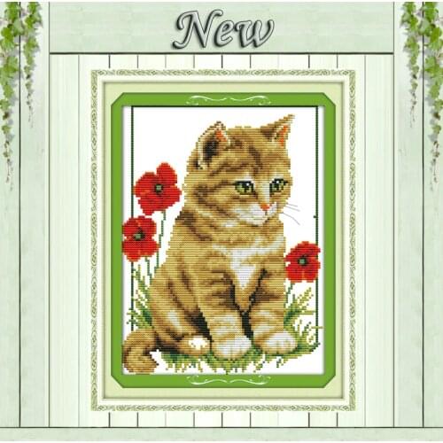 Cat and poppy,Pattern printed on canvas DMC 11CT 14CT Cross Stitch kits,needlework Set embroidery,animal and flower garden wild