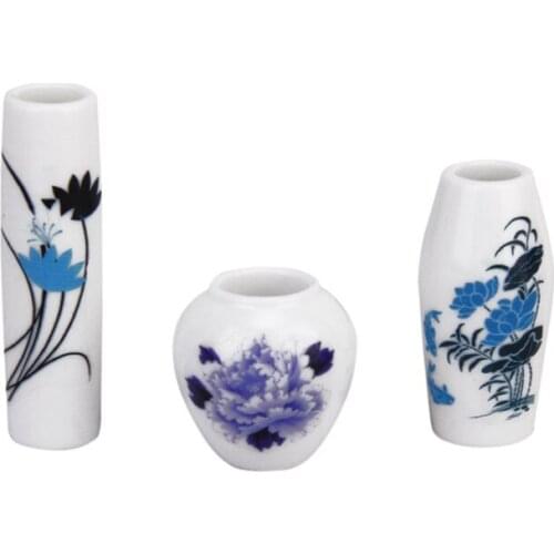 Set of 3Pcs Dollhouse Miniature Plastic Flower Vase---Blue Painted Floral