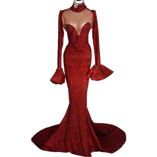 New Red Rhinestone Long Tail Dress Lady Elegant Wedding Evening Gown Formal Party Birthday Dresses Singer Stage Performance Wear