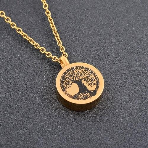 IJD9795 Gold, Black, Rose Cremation Charm Tree of Life Round Urn Ashes Holder Necklace for Human/ Animal Pet