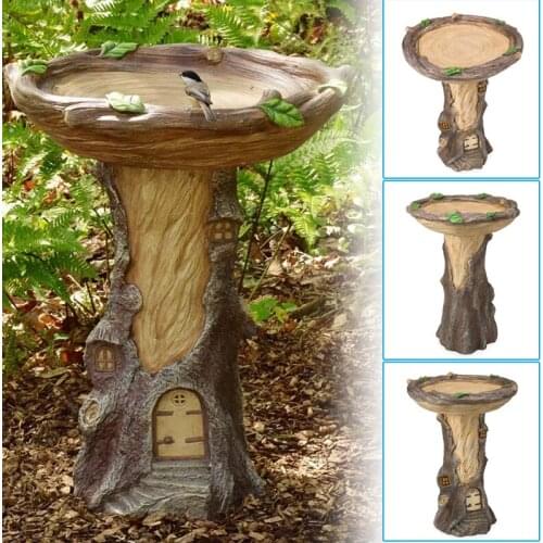 Full-Size Fairy Garden Birdbath with Miniature Fairy House in A Tree Stump Hand-Painted All-Weather Wood-Look Resin C1