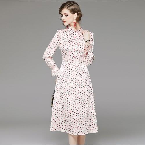 Early spring 2020 new Fashion floral flower print dress women Chiffon dresses turn down collar full sleeve long Dress