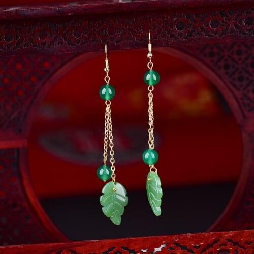 Retro Temperamental Green And Light Green Coloured Glaze Leaves Pendant Earrings Fresh Elegant Women Eardrop Dignified Jewelry