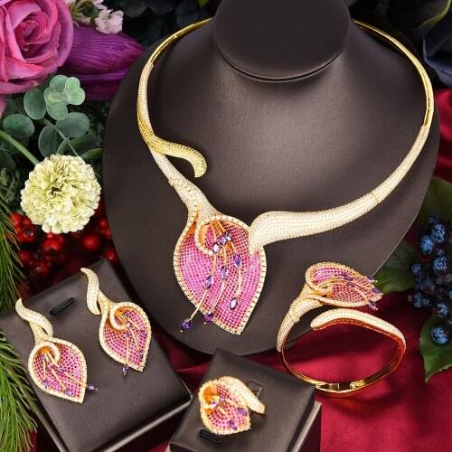 Luxury lily Flower Bridal Necklace Bracelet Earring Ring Jewelry set For Ladies Women Wedding African CZ Dubai Accessories