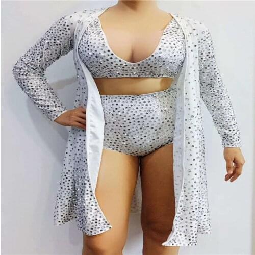 P2 Singer stage dance costumes white rhinestones bikini set long sleeve outfit crystal bikini dresses pole dance party wear club