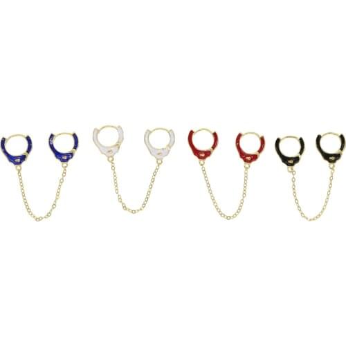 Gold color white blue red black enamel hand cuff hoop earring tassel chain 2 hole double piercing earrings