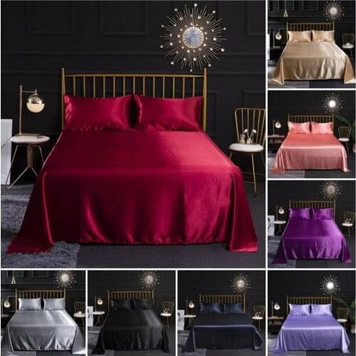 Silk Satin Flat Sheet Mattress Protector Cover Smooth Bedspread Wedding Bedding Cover Pillowcases for Women Men Red Black Purple