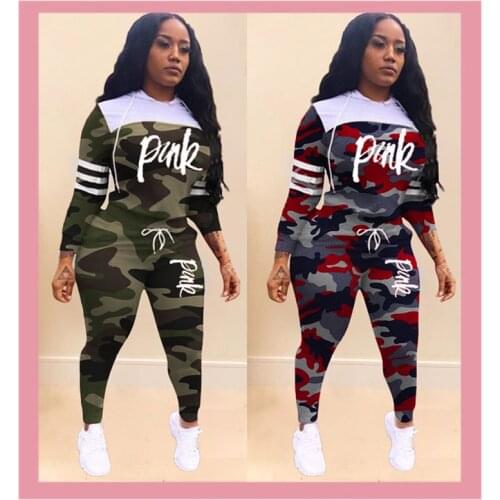 Tracksuit Camouflage Print PINK Letter sports Two Piece Sets Hooded Sweatshirt And Pants Jogger Autumn Winter Womens Clothes