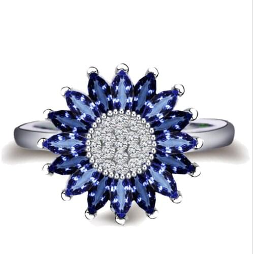 Vintage Fashion Jewelry New Arrival Sunflower Ring 925 Silver Fill Marquise AAA Blue CZ Promise Wedding Band Flower Ring Gift
