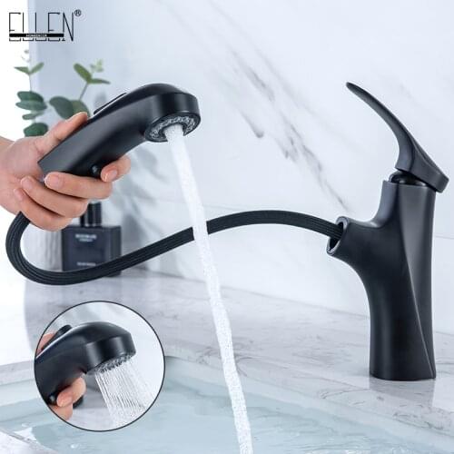 Pull Out Bathroom Sink Faucet Black Hot Cold Water Mixer Bath Faucets Deck Mounted 2 Type Water Spray ELM821